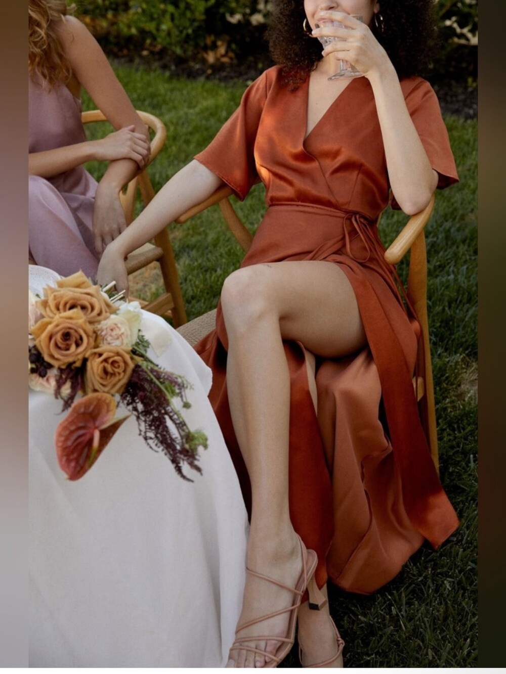 Whimsy + Row Satin Wrap High-Low Dress in Burnt Orange